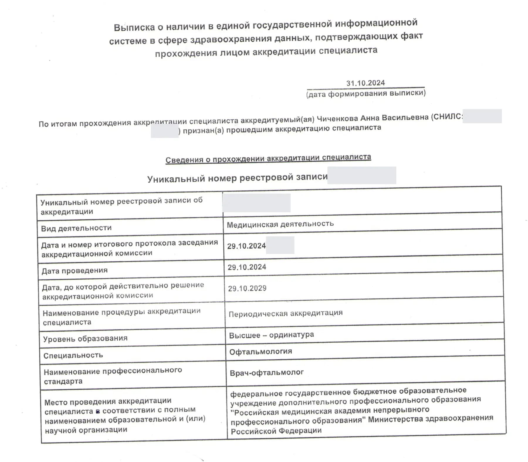 Обезличенная выписка о периодической аккредитации по офтальмологии