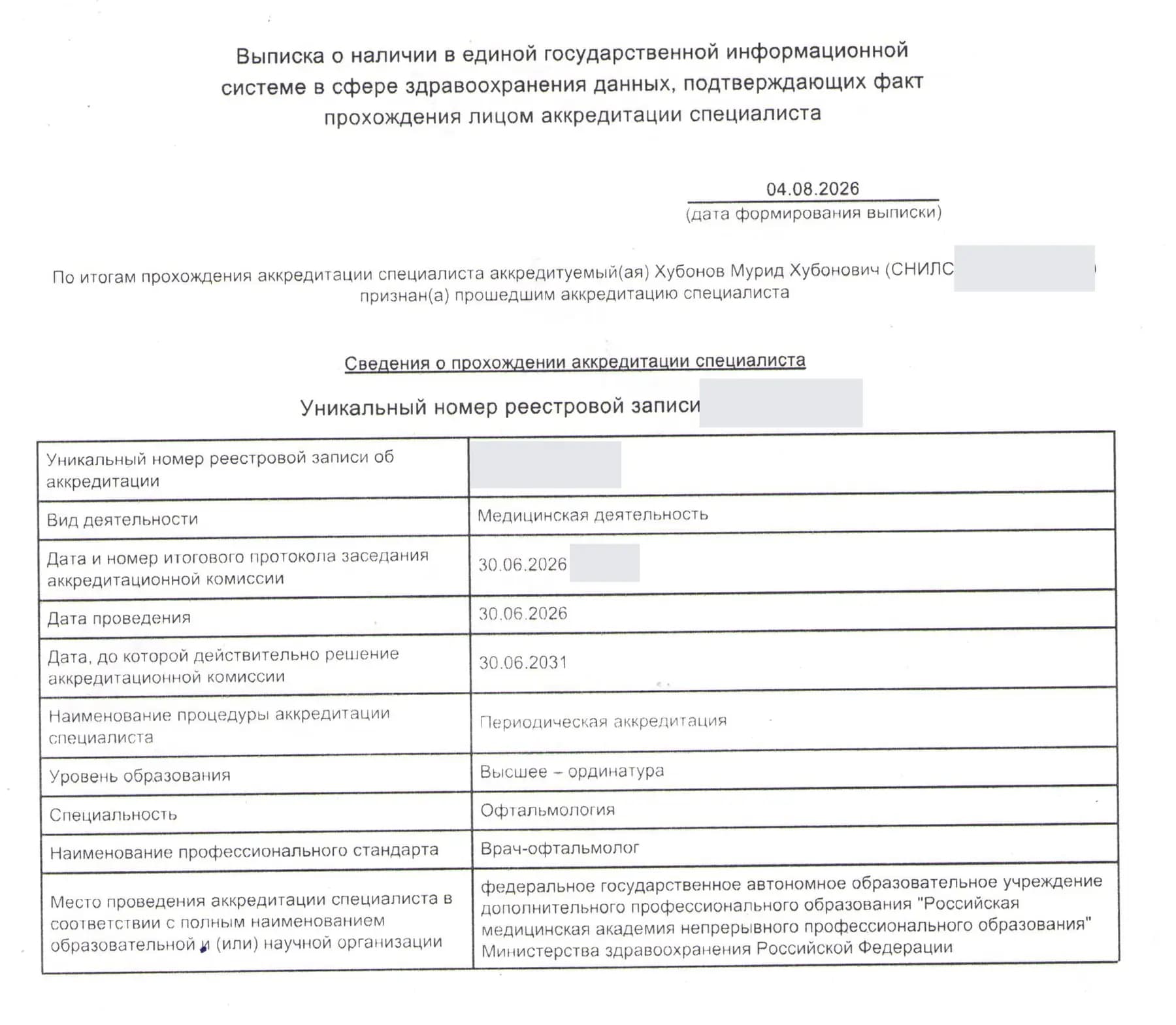 Обезличенная выписка о периодической аккредитации по офтальмологии