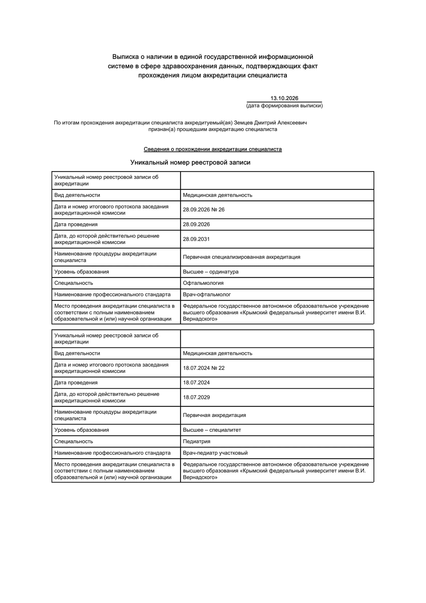 Выписка о прохождении аккредитации специалиста